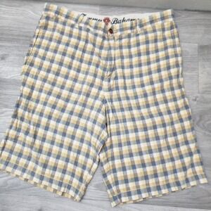 Tommy Bahama Yellow Blue Shorts Size 34 Plaid Linen Silk Gingham Paradise Nation